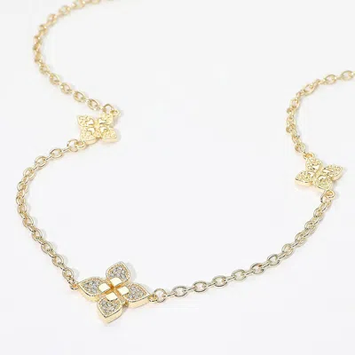 Fashnzfab 14k Gold Plated Cz Pave Floral Motif Station Long Necklace In Neutral