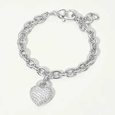 Fashnzfab 14k Gold Plated Cz Pave Heart Charm Chunky Chain Bracelet In Metallic