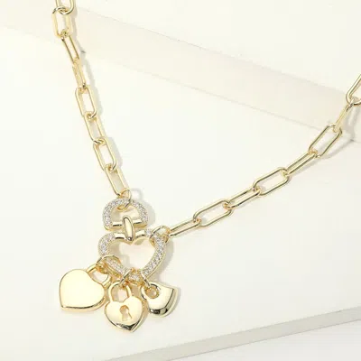 Fashnzfab 14k Gold Plated Cz Pave Heart Ring Triple Padlock Charm Pendant Paperclip Chain Necklace In Silver