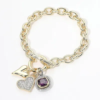 Fashnzfab 14k Gold Plated Cz Pave Heart Square Cluster Charm Toggle Bracelet