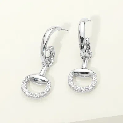 Fashnzfab 14k Gold Plated Cz Pave Horsebit Link Drop Hoop Earrings In Metallic