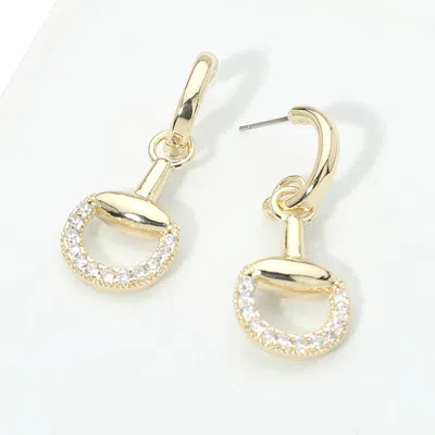 Fashnzfab 14k Gold Plated Cz Pave Horsebit Link Drop Hoop Earrings In Silver