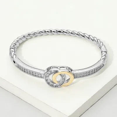Fashnzfab 14k Gold Plated Cz Pave Interlocking Double Circle Twisted Cable Hinged Bangle Bracelet In Multi