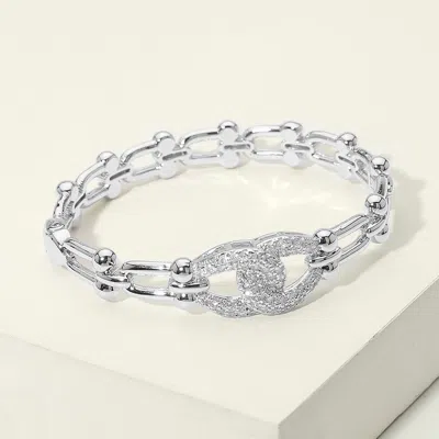 Fashnzfab 14k Gold Plated Cz Pave Link Centerpiece Industrial Chain Link Hinged Bangle Bracelet In Silver