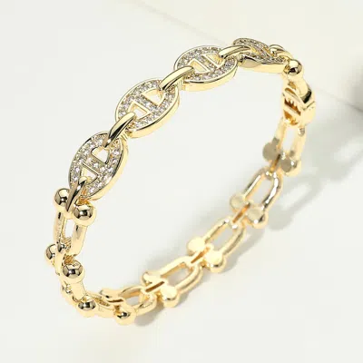 Fashnzfab 14k Gold Plated Cz Pave Mariner Industrial Link Hinged Bangle Bracelet In White