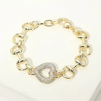 Fashnzfab 14k Gold Plated Cz Pave Open Heart Charm Horsebit Link Chain Bracelet