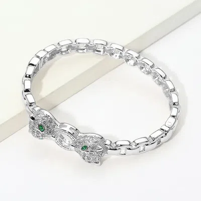 Fashnzfab 14k Gold Plated Cz Pave Panther Head Link Hinged Bangle Bracelet In Metallic