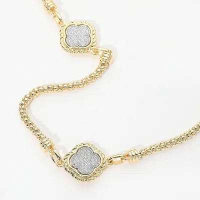 Fashnzfab 14k Gold Plated Cz Pave Quatrefoil Charm Station Long Necklace