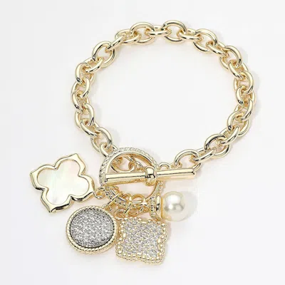 Fashnzfab 14k Gold Plated Cz Pave Quatrefoil Pearl Floral Charm Toggle Bracelet