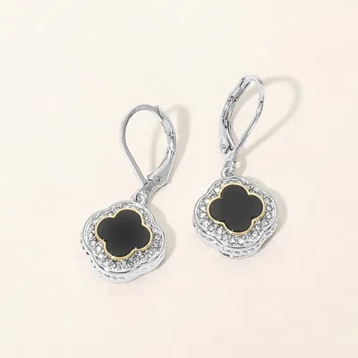Fashnzfab 14k Gold Plated Cz Pave Rim Quatrefoil Charm Drop Earrings In Black