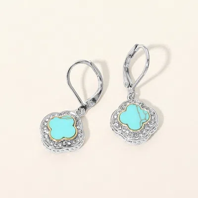 Fashnzfab 14k Gold Plated Cz Pave Rim Quatrefoil Charm Drop Earrings In Blue