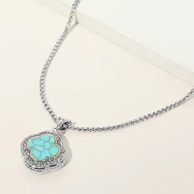 Fashnzfab 14k Gold Plated Cz Pave Rim Quatrefoil Pendant Necklace In Blue