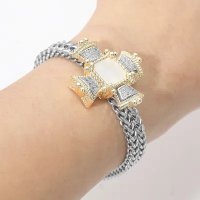 Fashnzfab 14k Gold Plated Cz Pave Statement Centerpiece Braided Chain Magnetic Bracelet In Metallic