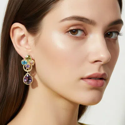 Fashnzfab 14k Gold Plated Cz Pave Teardrop Gemstone Cluster Dangle Earrings In Multi
