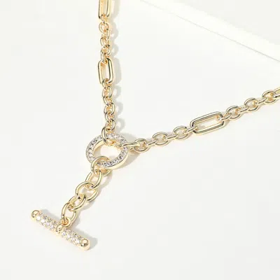 Fashnzfab 14k Gold Plated Cz Pave Toggle Accent Chunky Chain Necklace