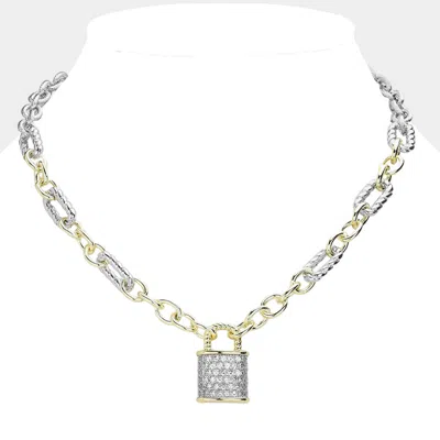 Fashnzfab 14k Gold Plated Cz Paved Lock Pendant Two Tone Chain Necklace In Silver