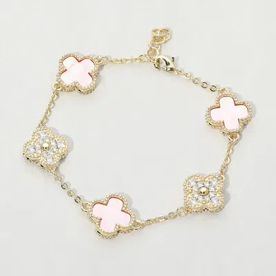 Fashnzfab 14k Gold Plated Cz Quatrefoil Charm Link Station Bracelet