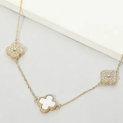 Fashnzfab 14k Gold Plated Cz Quatrefoil Charm Link Station Necklace