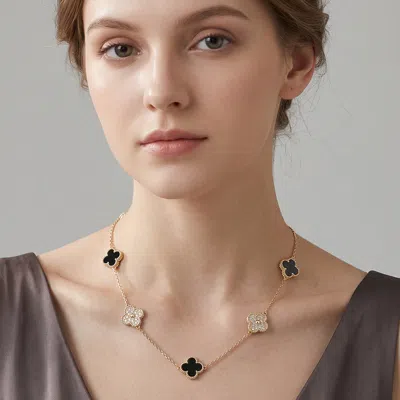 Fashnzfab 14k Gold Plated Cz Quatrefoil Charm Link Station Necklace
