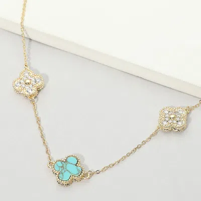 Fashnzfab 14k Gold Plated Cz Quatrefoil Charm Link Station Necklace