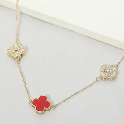 Fashnzfab 14k Gold Plated Cz Quatrefoil Charm Link Station Necklace