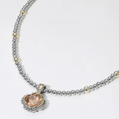 Fashnzfab 14k Gold Plated Cz Quatrefoil Pendant Accent Two Tone Ball Beaded Necklace In Metallic