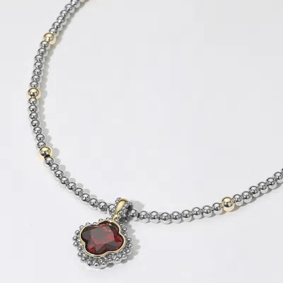 Fashnzfab 14k Gold Plated Cz Quatrefoil Pendant Accent Two Tone Ball Beaded Necklace In Metallic