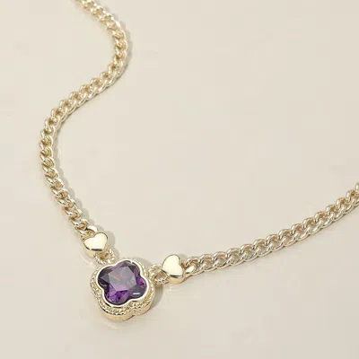 Fashnzfab 14k Gold Plated Cz Quatrefoil Pendant Pointed Chain Necklace - Amethyst, Gold In Multi