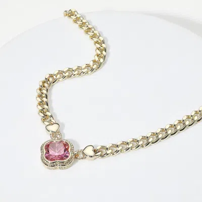 Fashnzfab 14k Gold Plated Cz Quatrefoil Pendant Pointed Chain Necklace - Gold, Pink In Multi