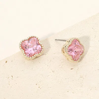 Fashnzfab 14k Gold Plated Cz Quatrefoil Stud Earrings In Pink