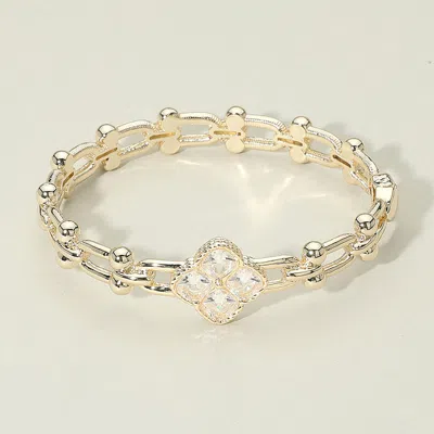 Fashnzfab 14k Gold Plated Cz Stone Clover Accent Hinged Bangle Bracelet