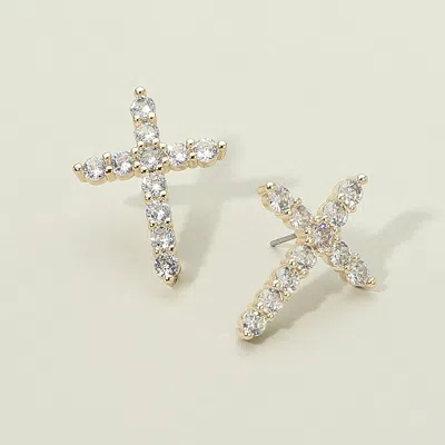 Fashnzfab 14k Gold Plated Cz Stone Cluster Cross Stud Earrings - Gold