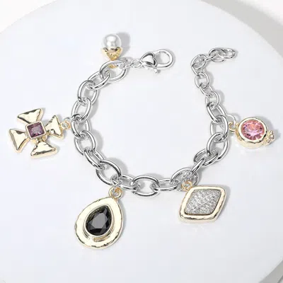 Fashnzfab 14k Gold Plated Cz Stone Cluster Pearl Charm Station Bracelet Multi, Rhodium