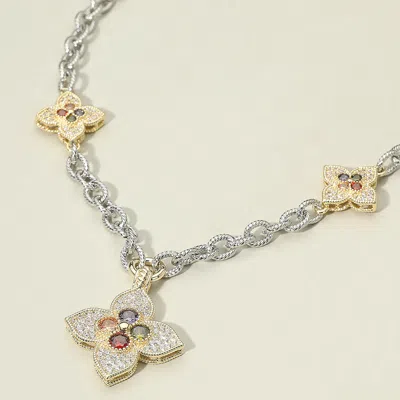 Fashnzfab 14k Gold Plated Cz Stone Embellished Clover Pendant Station Necklace In Multi