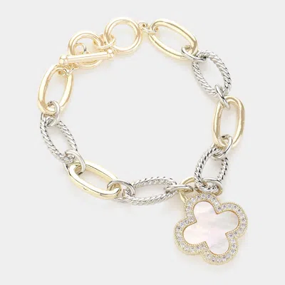 Fashnzfab 14k Gold Plated Cz Stone Embellished Mother Of Pearl Quatrefoil Charm Textured Metal Toggle Bracelet In Silver