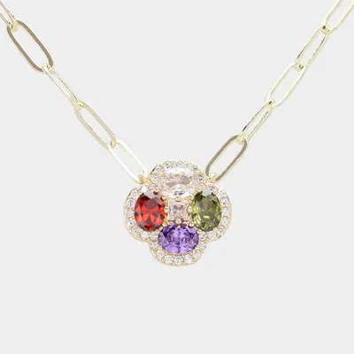 Fashnzfab 14k Gold Plated Cz Stone Flower Pendant Necklace In Multi