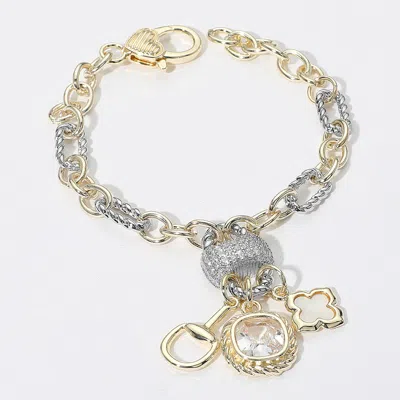Fashnzfab 14k Gold Plated Cz Stone Mother Of Pearl Clover Horsebit Charm Accent Mixed Chain Bracelet