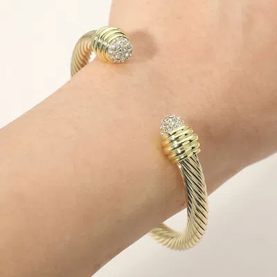 Fashnzfab 14k Gold Plated Cz Stone Pave Tip Twisted Cable Cuff Bracelet