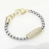 Fashnzfab 14k Gold Plated Cz Stone Paved Bar Accented Bracelet Two Tone In Multi
