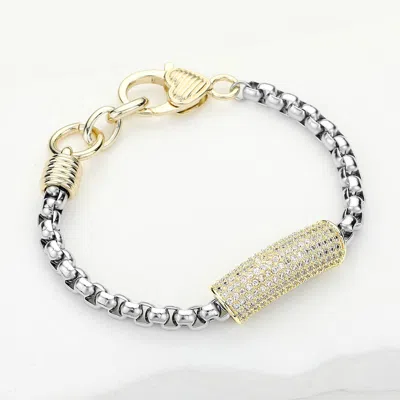 Fashnzfab 14k Gold Plated Cz Stone Paved Bar Accented Bracelet Two Tone In Multi