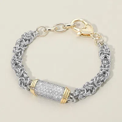 Fashnzfab 14k Gold Plated Cz Stone Paved Bar Centerpiece Two Tone Mixed Link Chain Bracelet - Two Tone In Multi