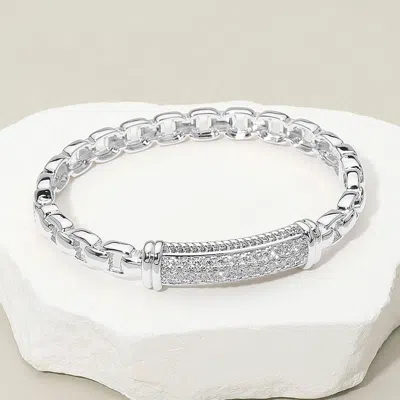 Fashnzfab 14k Gold Plated Cz Stone Paved Bar Link Hinged Bangle Bracelet - Rhodium In Multi