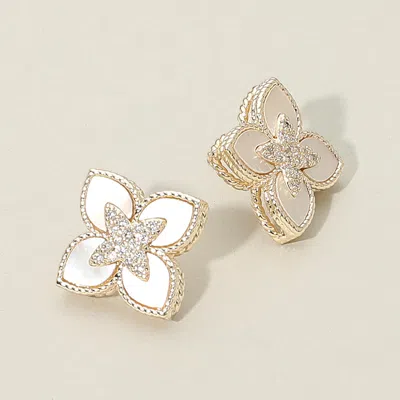 Fashnzfab 14k Gold Plated Cz Stone Paved Center Mother Of Pearl Floral Clover Stud Earringsgold, Mother Of Pea In Multi