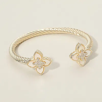Fashnzfab 14k Gold Plated Cz Stone Paved Center Mother Of Pearl Floral Clover Tip Cuff Bracelet