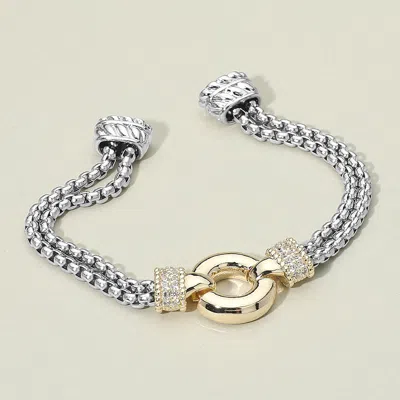 Fashnzfab 14k Gold Plated Cz Stone Paved Circular Centerpiece Dual Chain Magnetic Bracelet - Two Tone In Silver