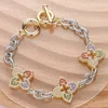 Fashnzfab 14k Gold Plated Cz Stone Paved Clover Link Two Tone Toggle Bracelet Multi, Two Tone In Multi