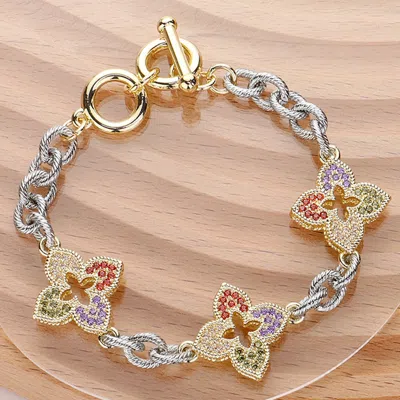 Fashnzfab 14k Gold Plated Cz Stone Paved Clover Link Two Tone Toggle Bracelet Multi, Two Tone In Silver