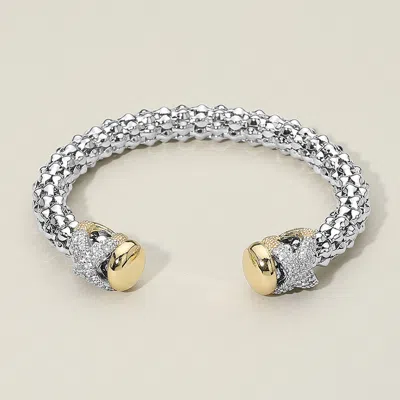 Fashnzfab 14k Gold Plated Cz Stone Paved Crisscross Accent Tip Two Tone Cuff Bracelet In Metallic