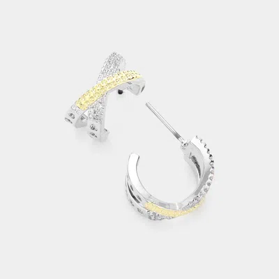 Fashnzfab 14k Gold Plated Cz Stone Paved Crisscross Hoop Earrings In Multi