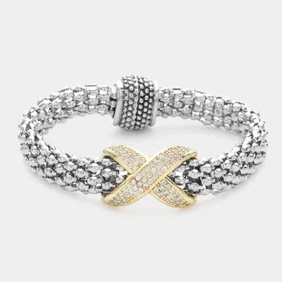 Fashnzfab 14k Gold Plated Cz Stone Paved Crisscross Pointed Mesh Metal Magnetic Bracelet In Green